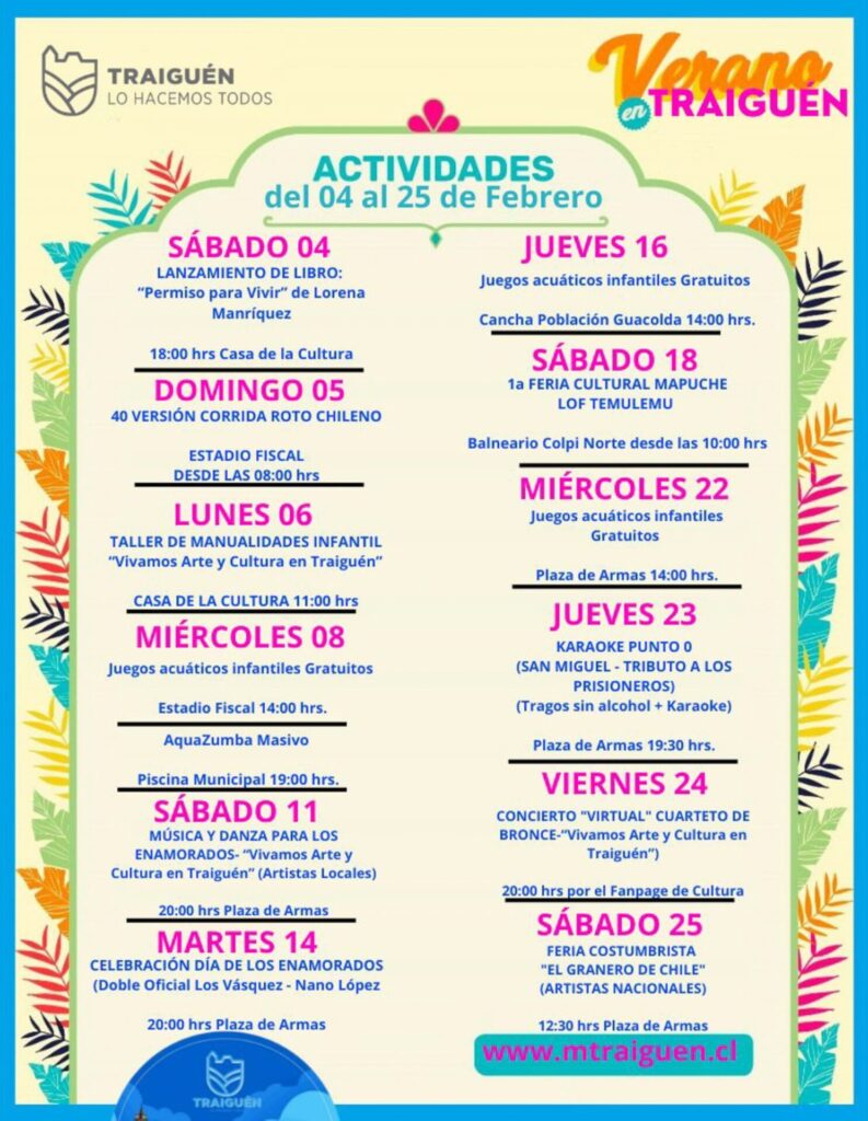 Calendario Traiguén Febrero
